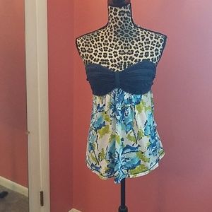 Strapless green and blue floral top